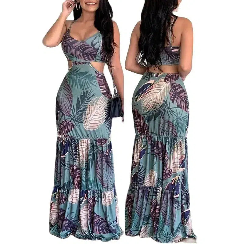 Women Backless Boho Maxi Ruffle Dress