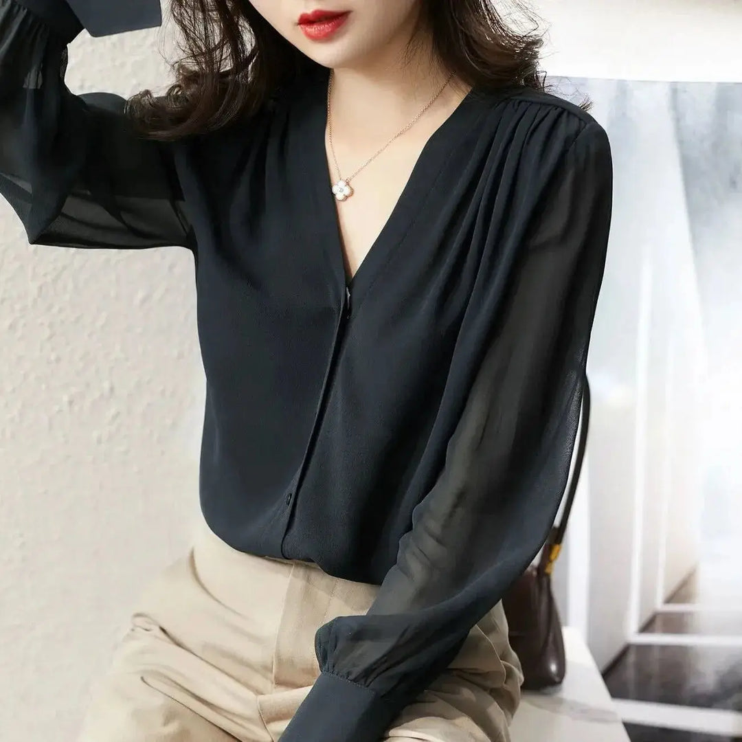 Chiffon V-Neck Blouse | Loose Fit Long Sleeve