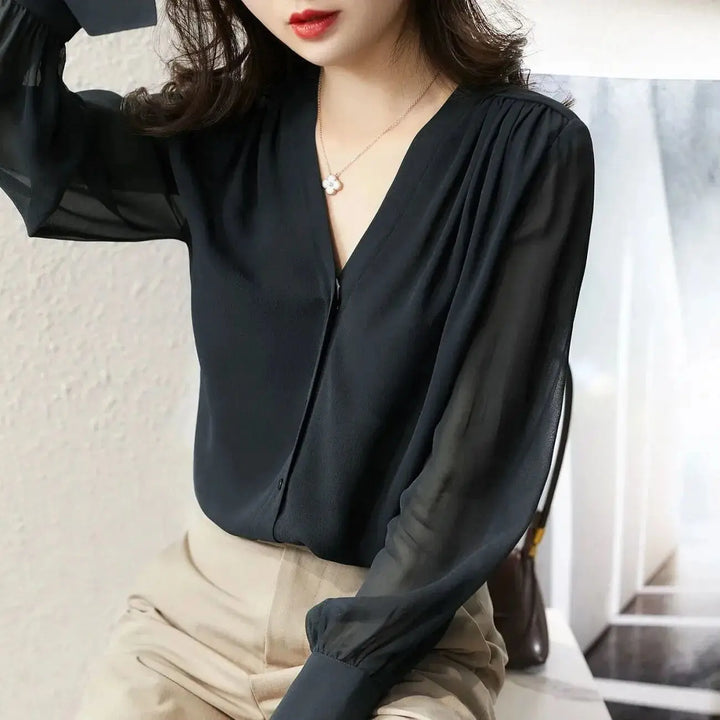 Chiffon V-Neck Blouse | Loose Fit Long Sleeve