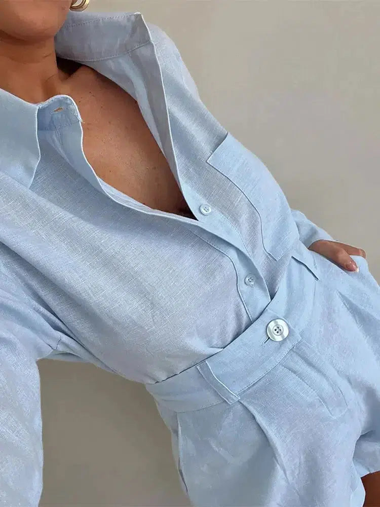 Women Elegant Long Sleeve Pocket Shirt Set Casual Vacation Female Outfits-Tops-Bennys Beauty World