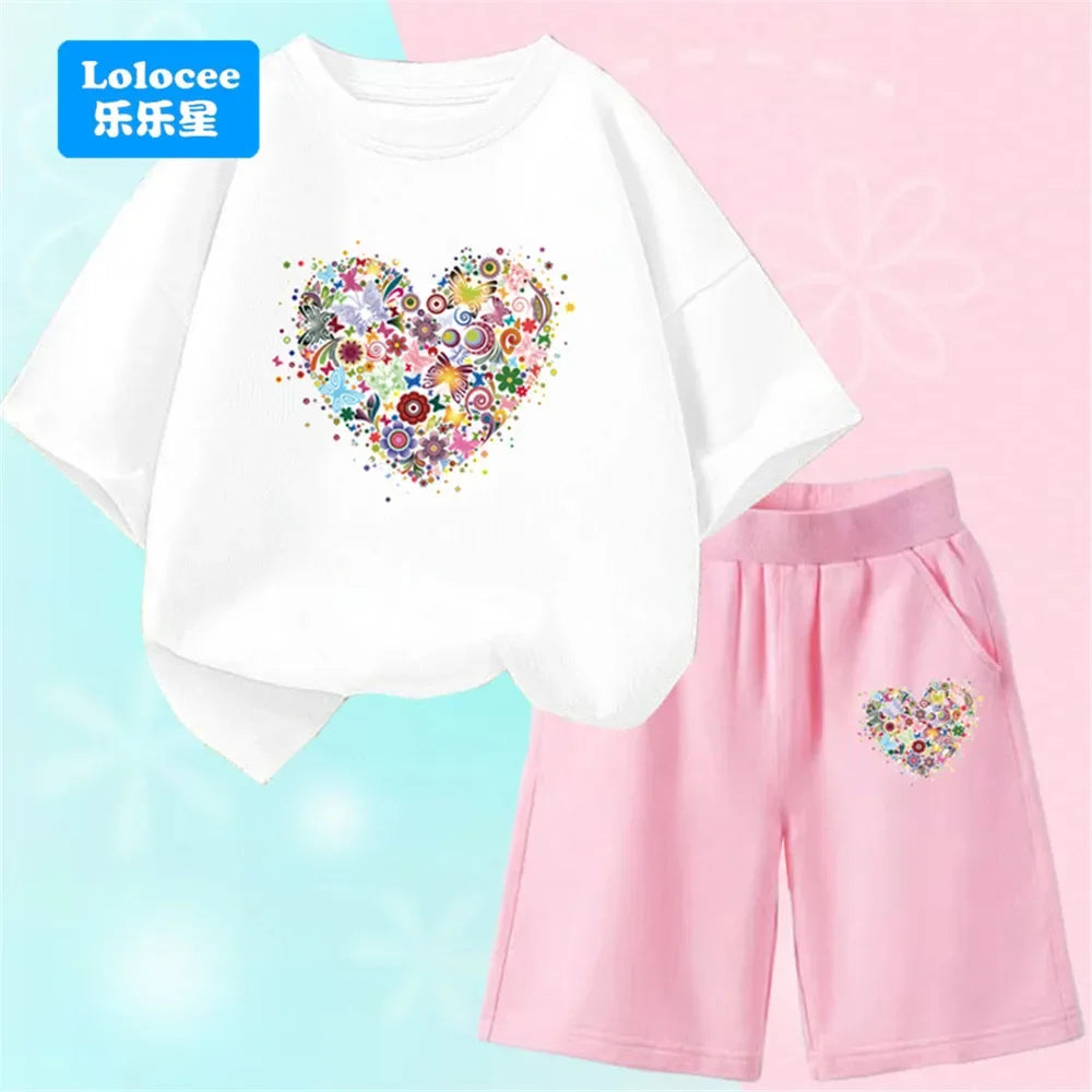 Girls Bow Cat Print T-Shirt &amp; Shorts Set | 2-Piece Summer Outfit | Ages 3–14