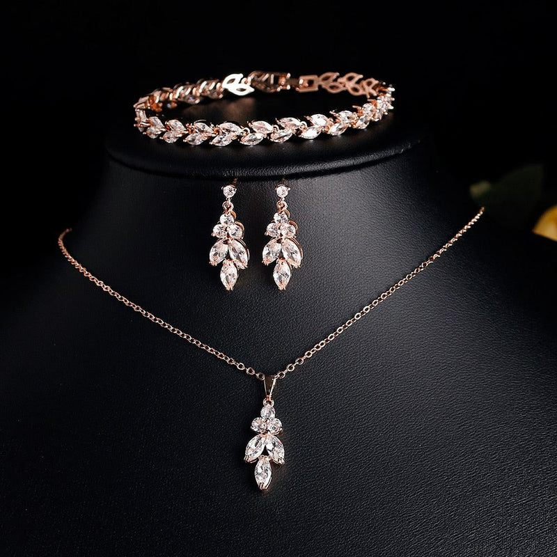 Zirconia Leaf Necklace Earrings Rings Bracelets Set for Women-necklace-Bennys Beauty World