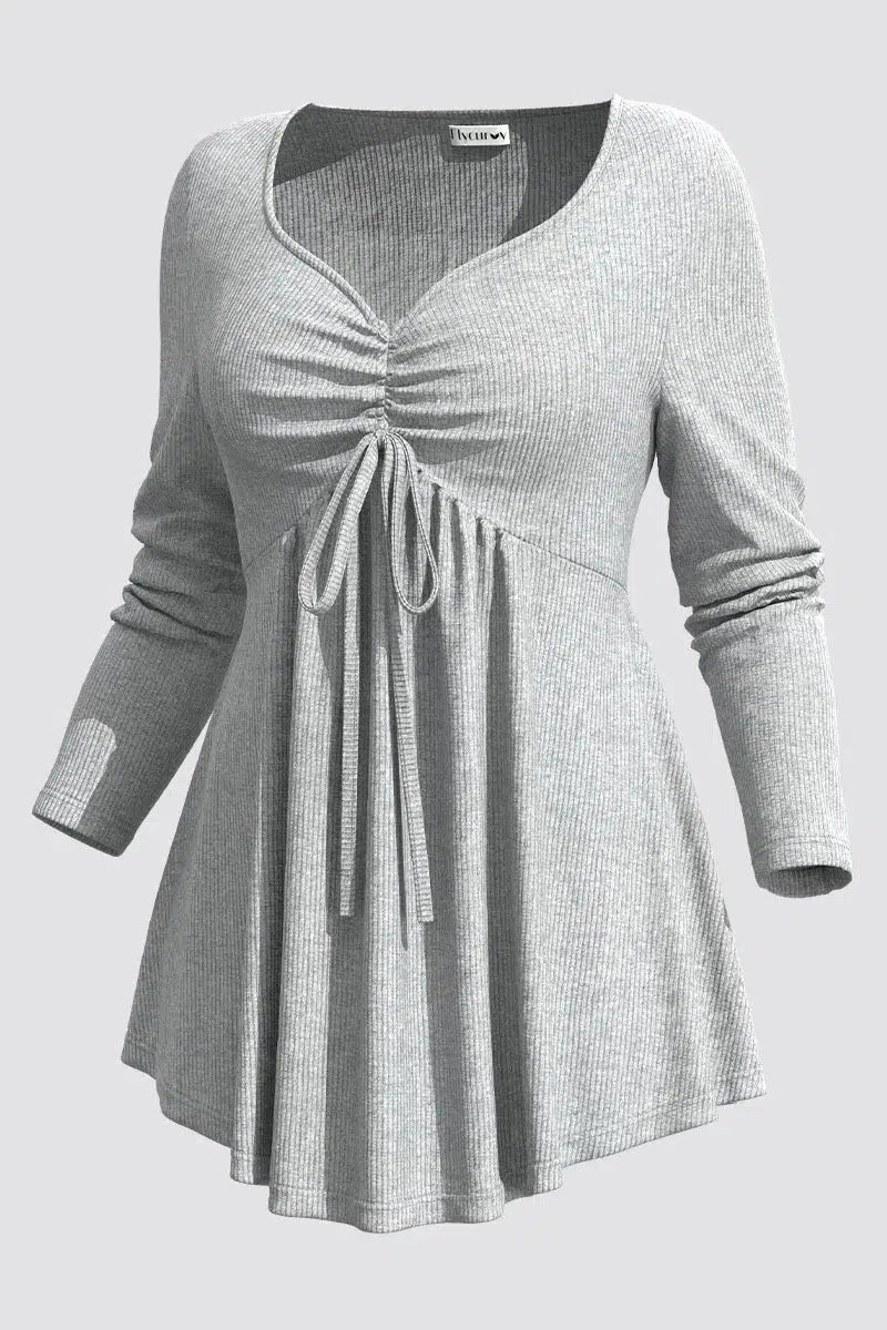 Womens Casual Grey Rib Knit Drawstring V Neck T-Shirts
