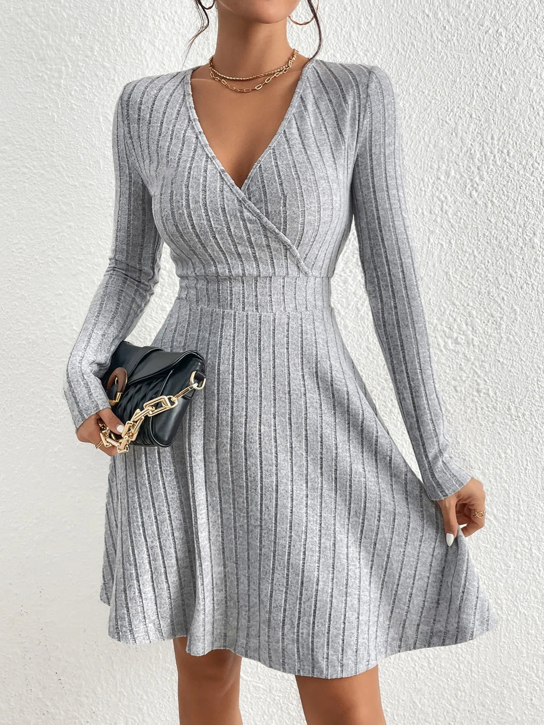 Women's Knit Bodycon Dress V-Neck Long Sleeve Dress