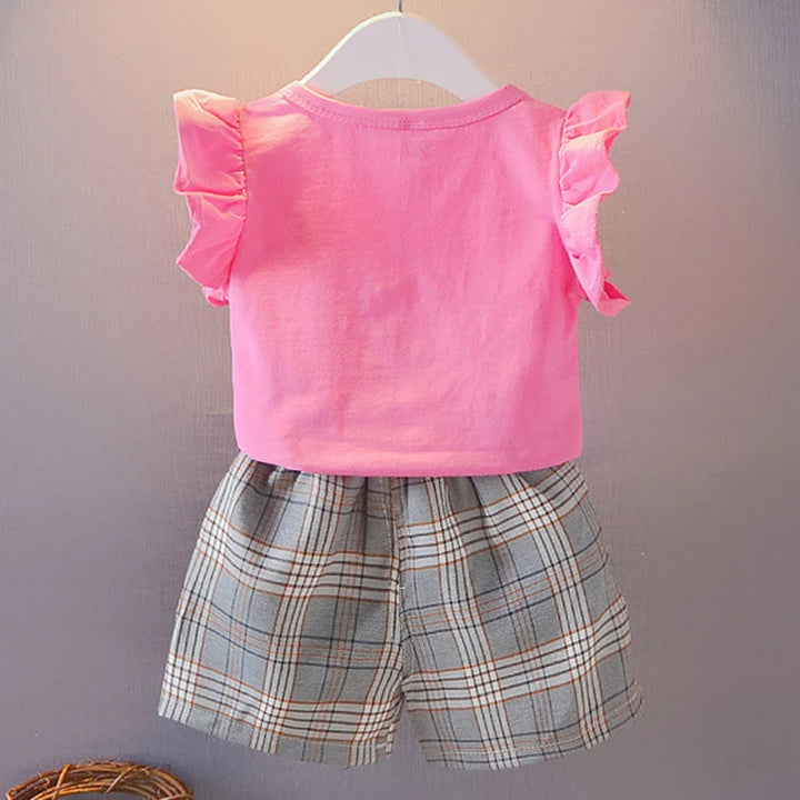 Girls Ruffle Sleeve Bow T-Shirt &amp; Plaid Shorts Set | 2-Piece Summer Outfit | Ages 2–7
