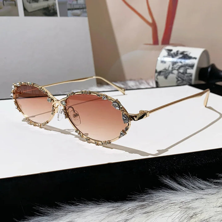 Rhinestone Oval Sunglasses | UV400 Luxury Diamond Metal Frame