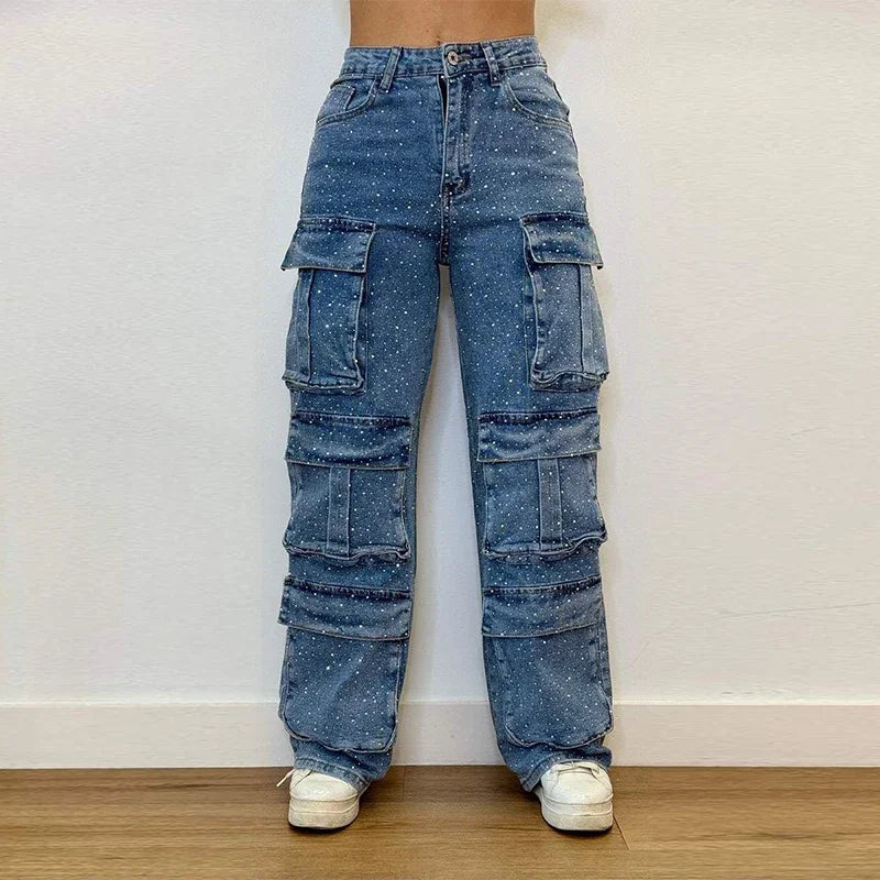 Rhinestones Jeans Women Multiple Pockets High Waist Pants