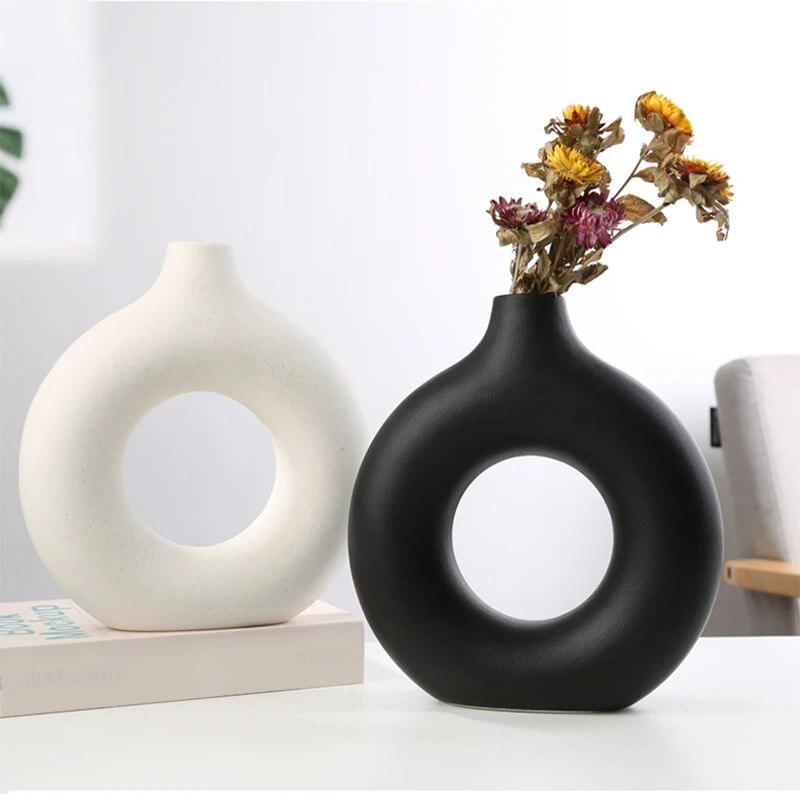 Nordic Ceramic Vase Circular Hollow Donuts Flower Pot Home Living Room Decoration Accessories Interior Office Desktop Decor Gift-Arlik interiors