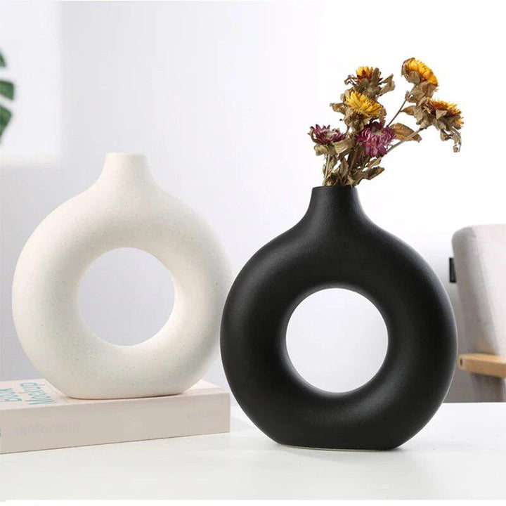 Nordic Ceramic Vase Circular Hollow Donuts Flower Pot Home Living Room Decoration Accessories Interior Office Desktop Decor Gift-Arlik interiors