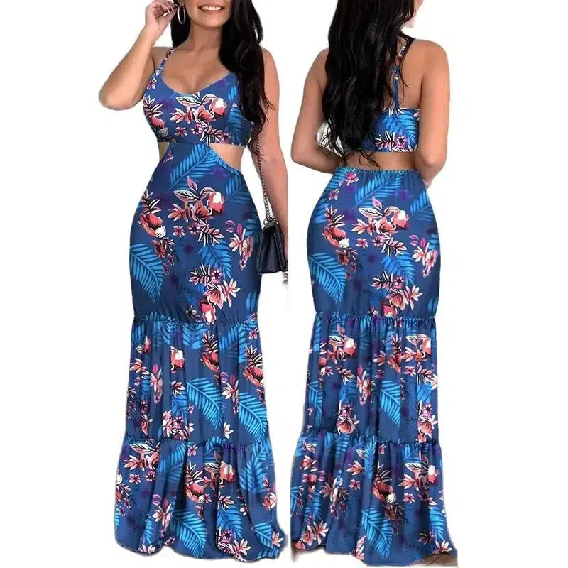 Women Backless Boho Maxi Ruffle Dress