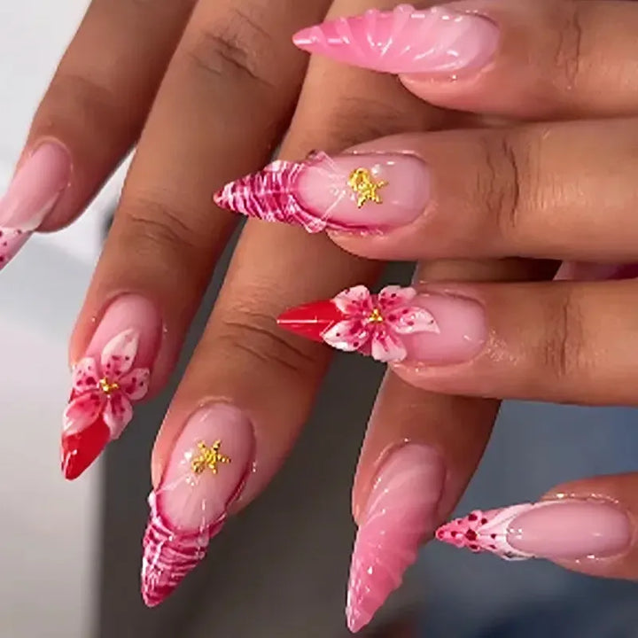 Gradient Pink Almond Press-On Nails – 24 Pcs Flower &amp; Pearl Design False Nails-Nails-Bennys Beauty World