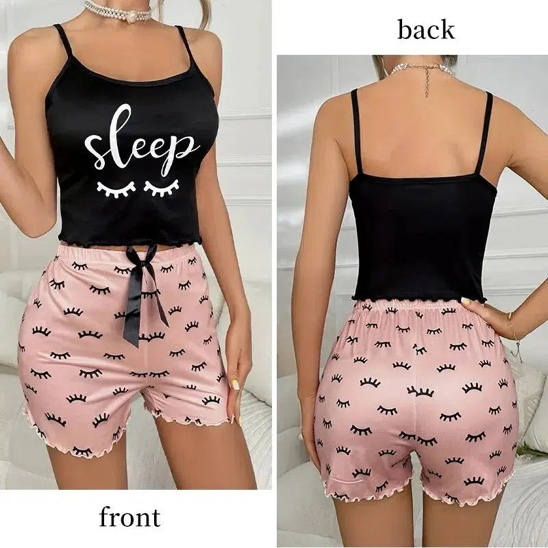 Summer New Two-Piece Printed Eyelash Style Casual V-Neck Pajama Set-clothing-Bennys Beauty World