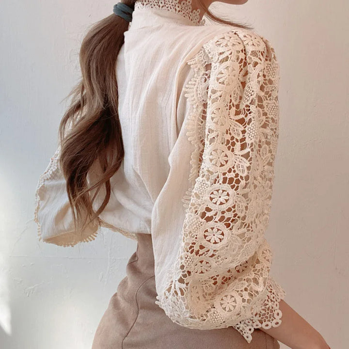 Elegant Lace Tops Embroidery Hollow Out Solid Tunic Blouse