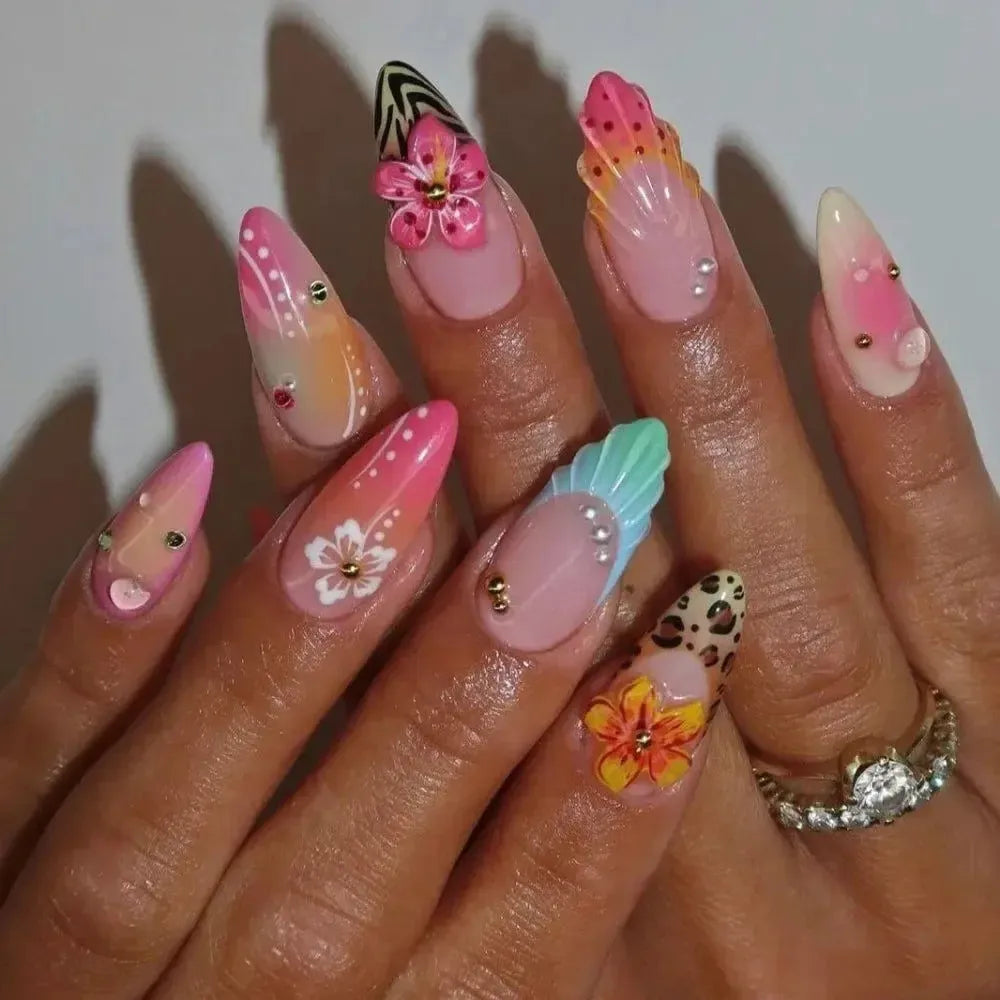 Almond Press-On Nails – 24 Pcs Flower Pattern False Nails | Bennys Beauty World-Nails-Bennys Beauty World