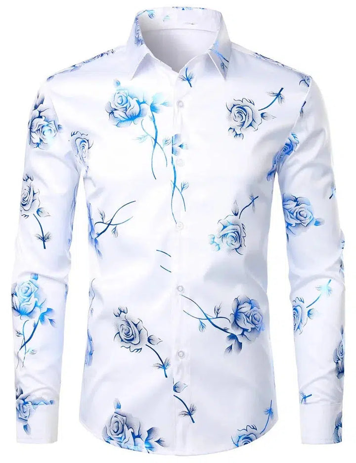 Fashion Men's Shirt Flowers 3D Printing Lapel Button Top Long Sleeve Shirt-shirt-Bennys Beauty World