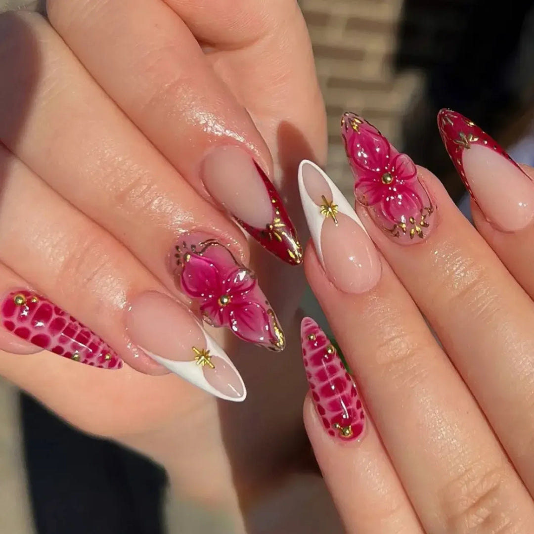 Almond Press-On Nails – 24 Pcs Flower Pattern False Nails | Bennys Beauty World-Nails-Bennys Beauty World