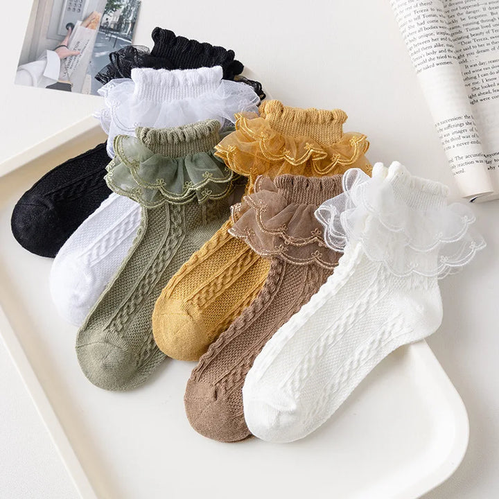 Girls Ruffle Lace Cotton Socks | 3 Pairs | Ages 1–10