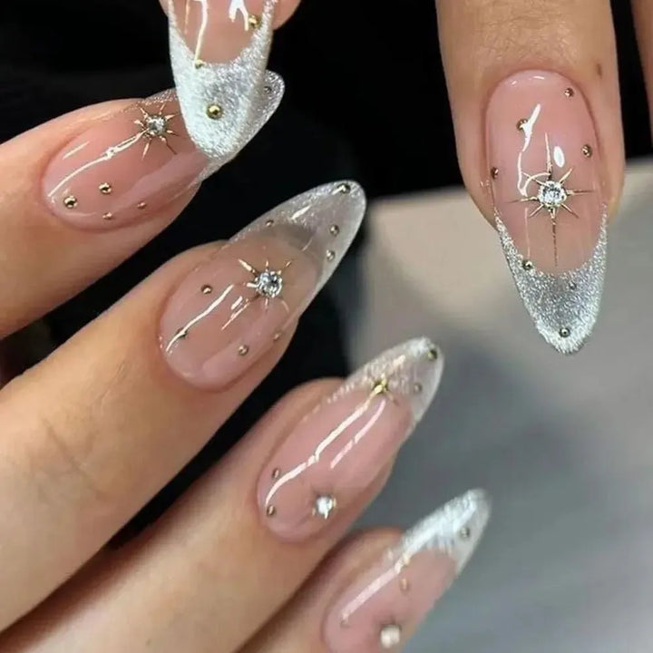 French Almond Press-On Nails – 24 Pcs Blue Star Pattern False Nails-Nails-Bennys Beauty World