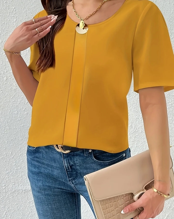 Women’s Elegant Loose Fit Blouse – Solid Color Short Sleeve Shirt-Blouse-Bennys Beauty World