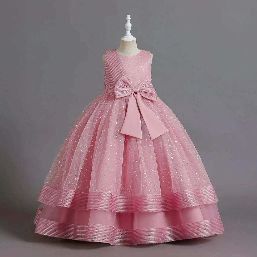 Girls Floral Princess Dress with Bow – Wedding &amp; Party Gown - Bennys Beauty World