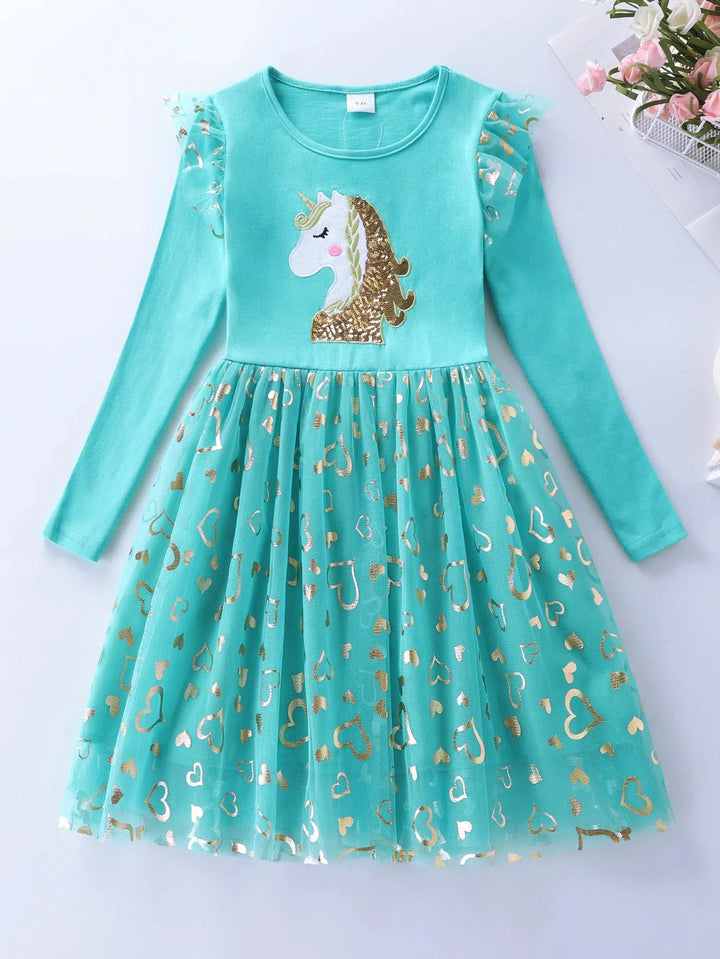 Girls Long Sleeve Mesh Cartoon Unicorn Dress-Dresses-Bennys Beauty World