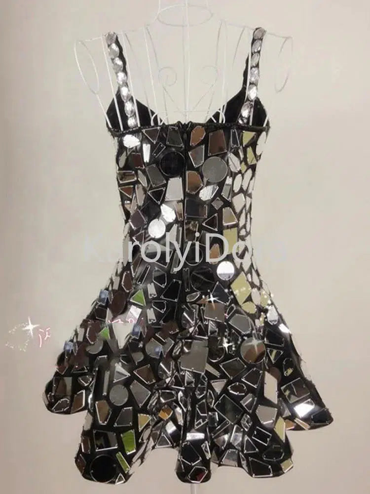 2023 Silver Mirror Dress Sexy Stage Costume Women Festival Outfit Nightclub Bar Singer Dj Ds Performance Clothing Handmade-Bennys Beauty World