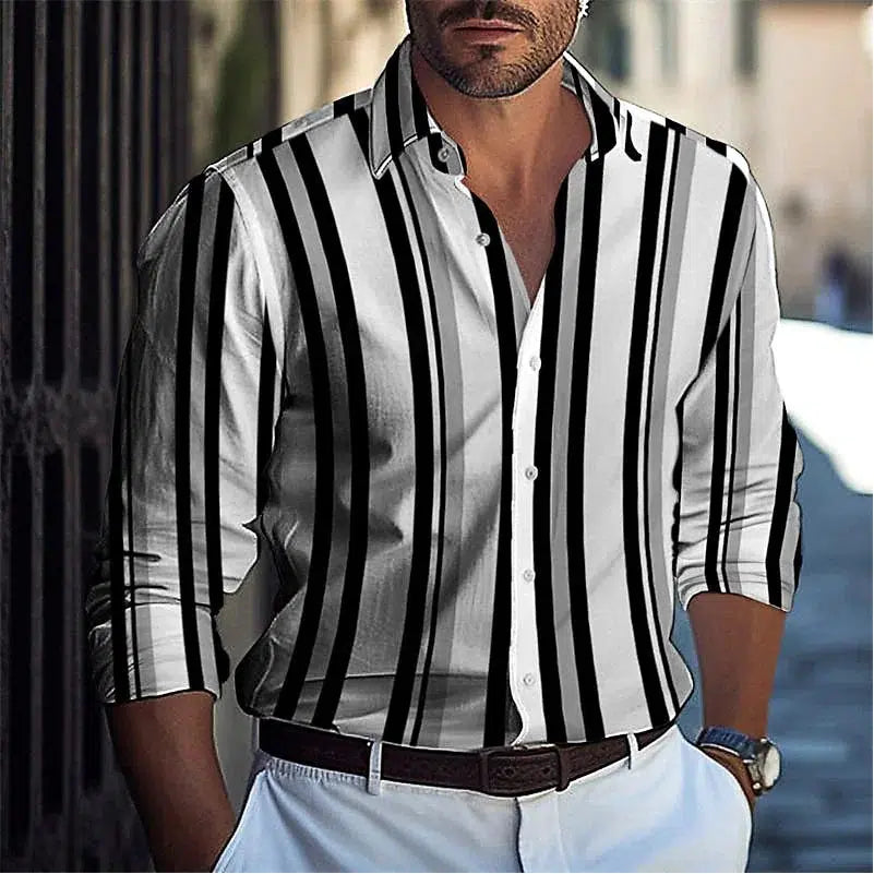 Striped Men's Business Casual 3D Printed shirt Spring/Summer Top-Shirts-Bennys Beauty World