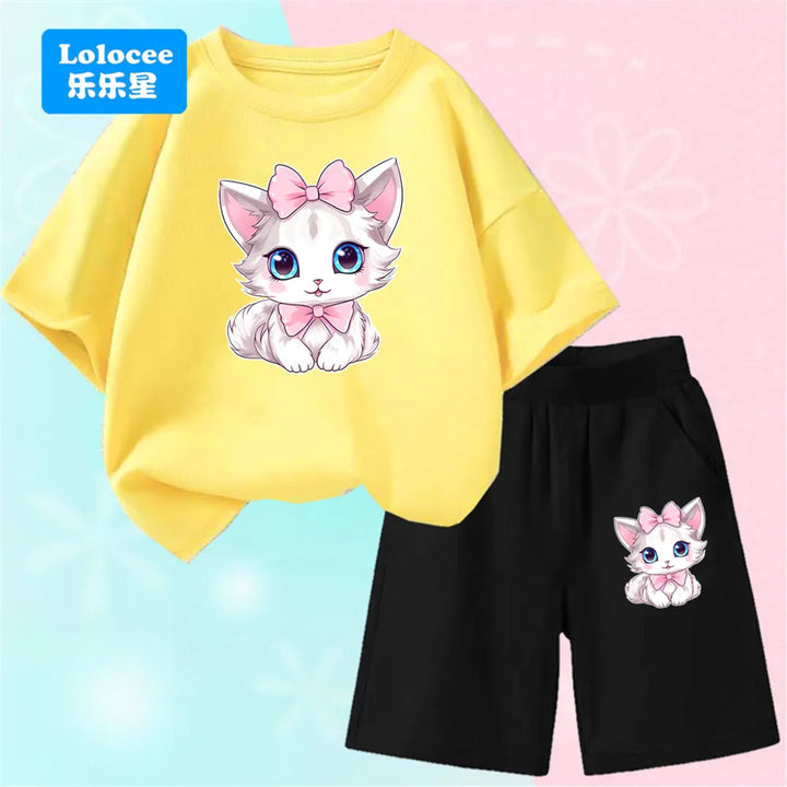 Girls Bow Cat Print T-Shirt &amp; Shorts Set | 2-Piece Summer Outfit | Ages 3–14