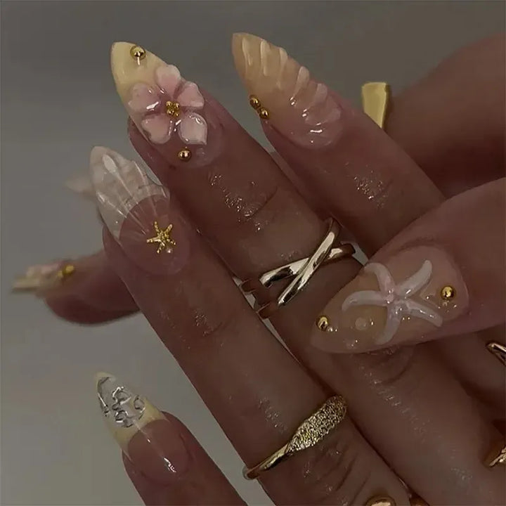 Gradient Pink Almond Press-On Nails – 24 Pcs Flower &amp; Pearl Design False Nails-Nails-Bennys Beauty World