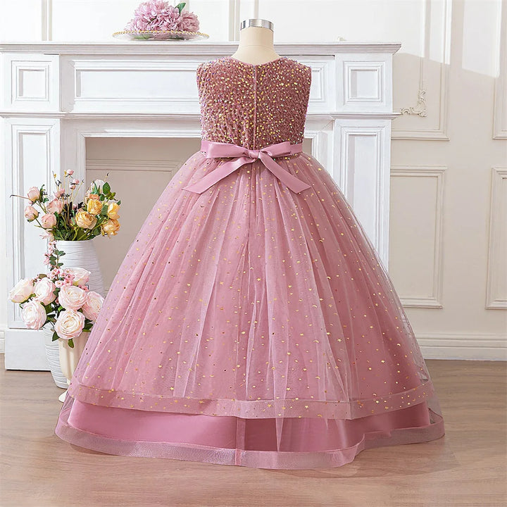 Girls Sequin Mesh Ball Gown – Bow Detail Party Dress, Ages 8–12