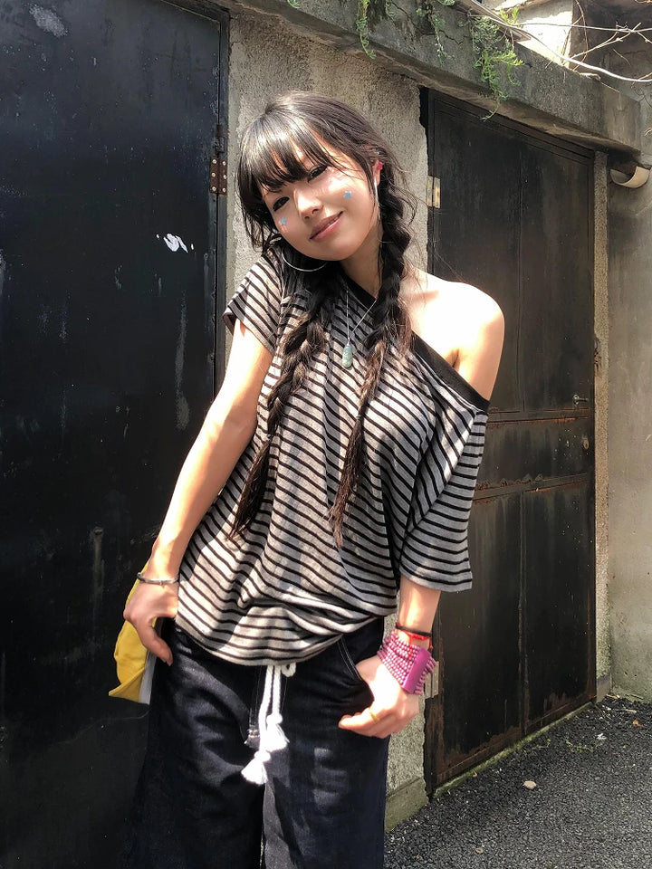 T-Shirt For Women Striped Off-Shoulder Grunge Tops