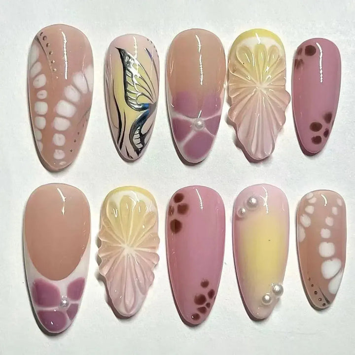 Gradient Pink Almond Press-On Nails – 24 Pcs Flower &amp; Pearl Design False Nails-Nails-Bennys Beauty World
