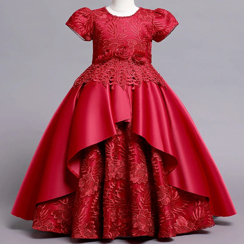 Girls Embroidery Princess Party Dress | Satin Ball Gown