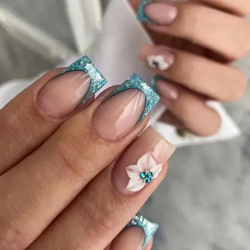Short Square French Flower Press - On Nails 24 Pcs - Bennys Beauty World