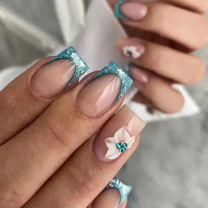 Short Square French Flower Press - On Nails 24 Pcs - Bennys Beauty World
