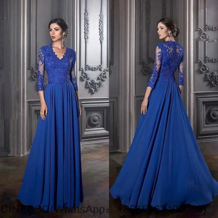 Long Sleeves Lace Chiffon Wedding Party Dress-Bennys Beauty World