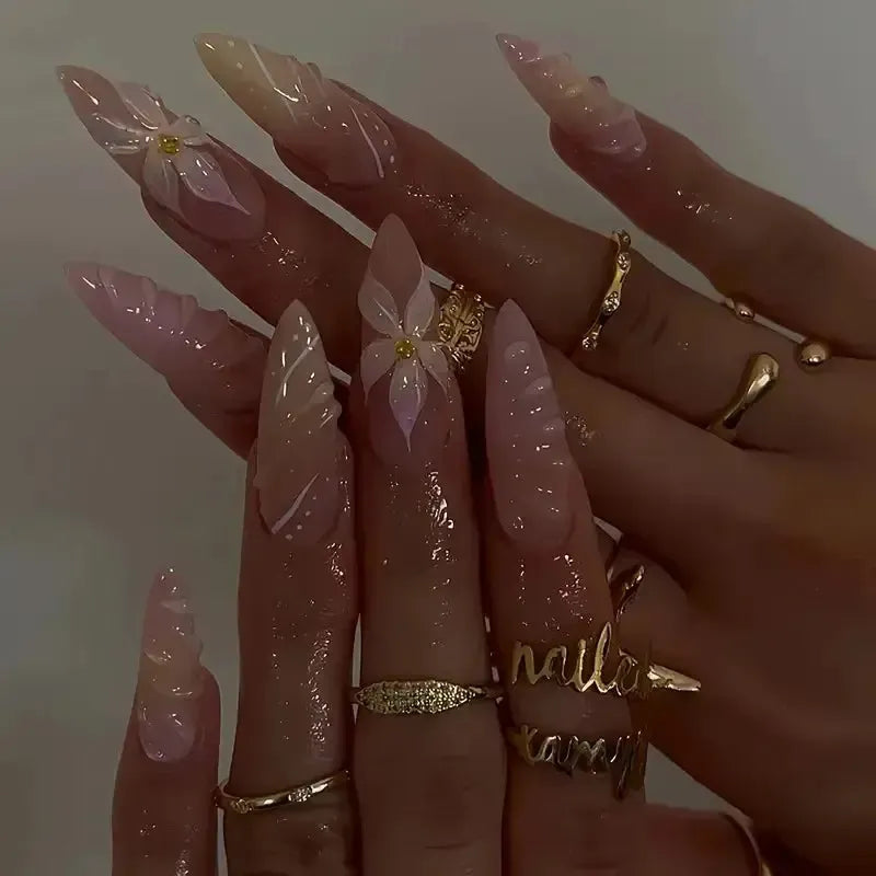 Gradient Pink Almond Press-On Nails – 24 Pcs Flower &amp; Pearl Design False Nails-Nails-Bennys Beauty World