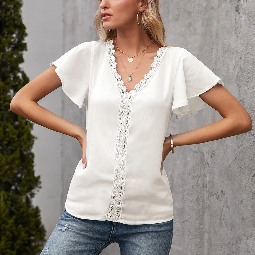 Elegant Women's Blouses Fashion Lace Stitching V Neck Top