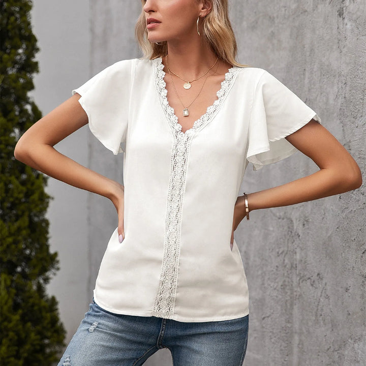 Elegant Women's Blouses Fashion Lace Stitching V Neck Top