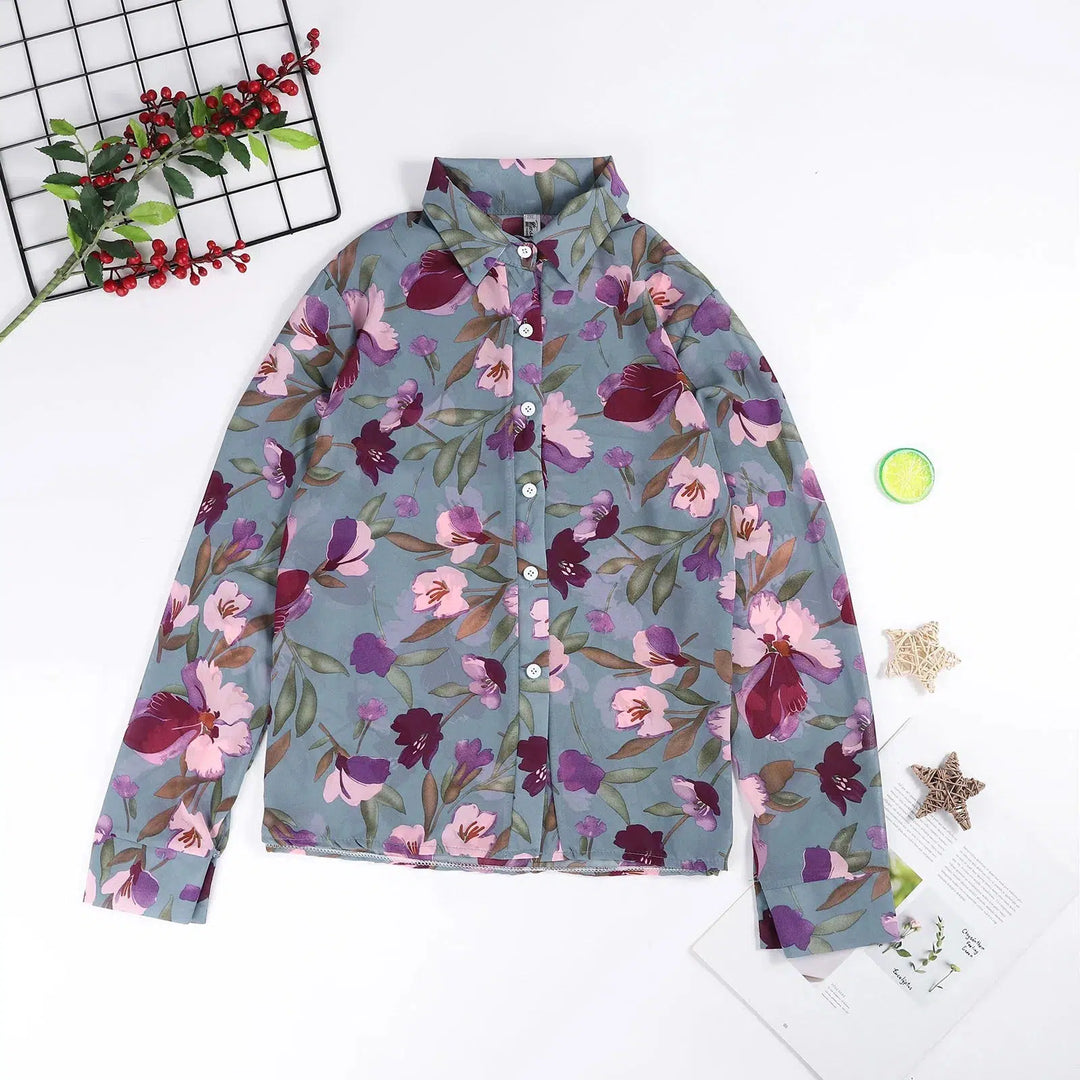 Women'S Blouse Dressy Blouses Puff Button Women Top V-Neck Printed Sleeve Fashion Long Chiffon Ladies Shirts Blusa Feminina-Bennys Beauty World