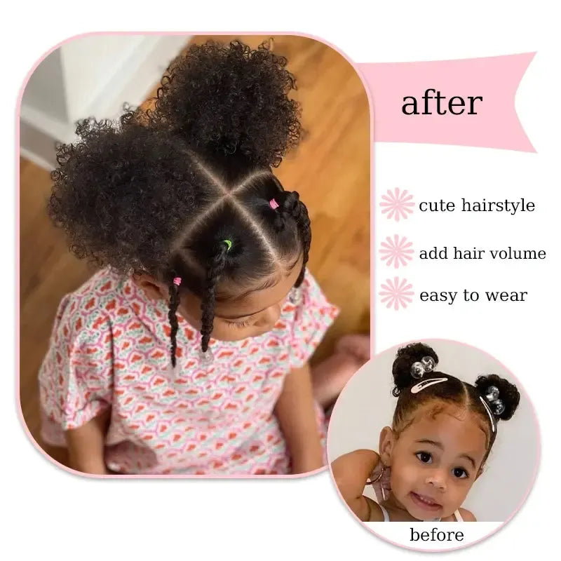 2Pcs/pack Afro Puff Hair Bun for Kids Synthetic Kinky Curly Hair Ponytail Extensions with Hair Tie Cute Hair Bun Wig for Kids-Bennys Beauty World