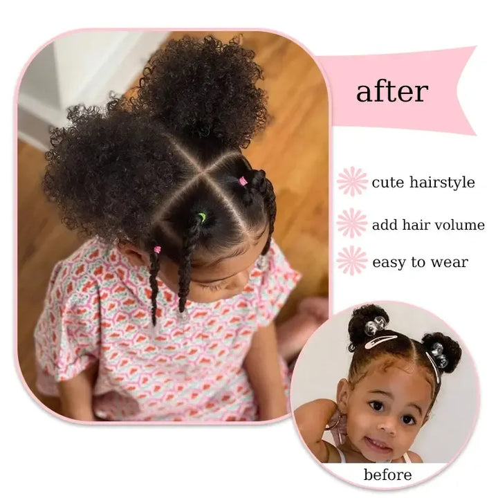 2Pcs/pack Afro Puff Hair Bun for Kids Synthetic Kinky Curly Hair Ponytail Extensions with Hair Tie Cute Hair Bun Wig for Kids-Bennys Beauty World