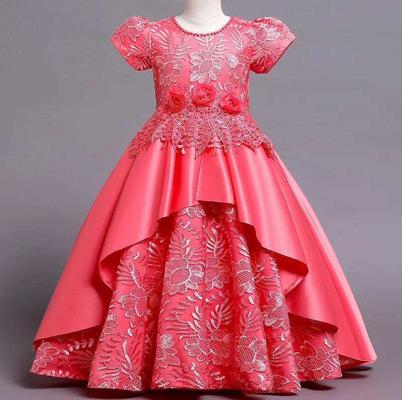 Girls Embroidery Princess Party Dress | Satin Ball Gown