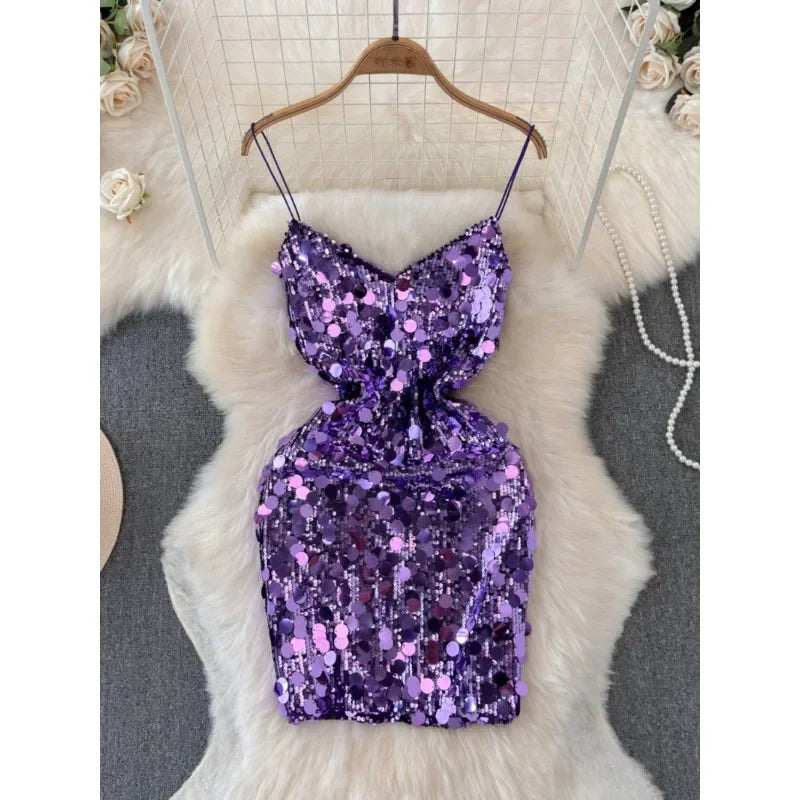 Sequin Spaghetti Strap Backless Mini Dress
