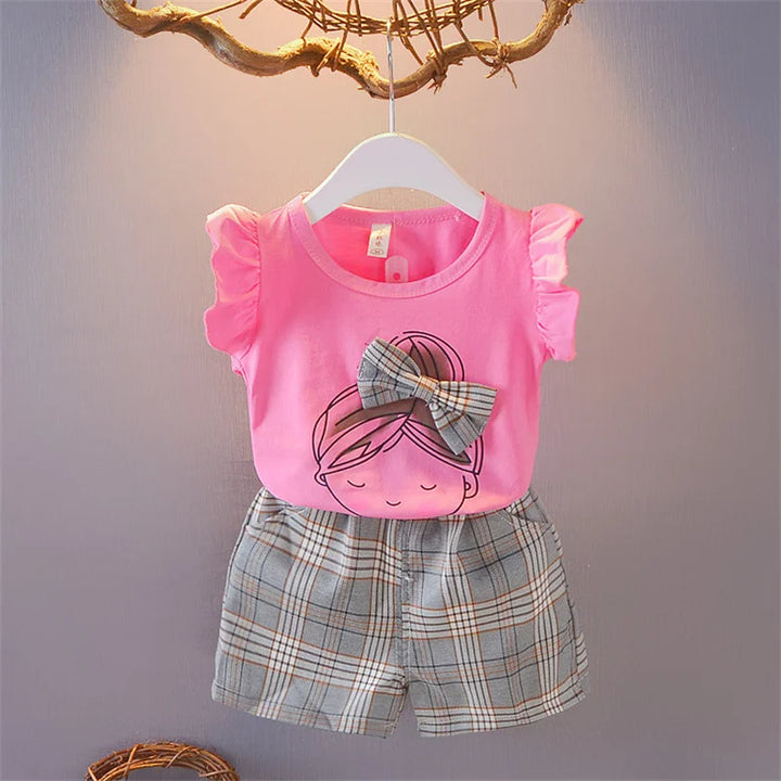 Girls Ruffle Sleeve Bow T-Shirt &amp; Plaid Shorts Set | 2-Piece Summer Outfit | Ages 2–7