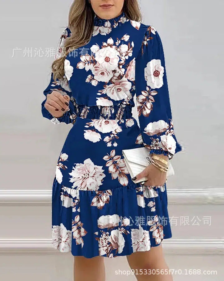 Floral Print Lantern Sleeve Pleated Ruffled Skirt Dress-Dress-Bennys Beauty World