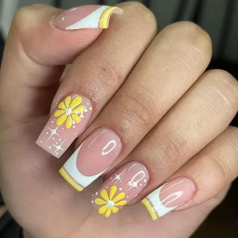 Short Square French Flower Press - On Nails 24 Pcs - Bennys Beauty World