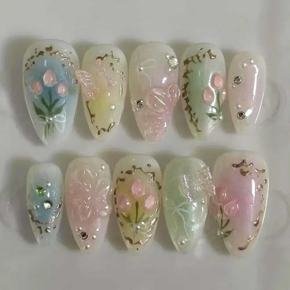 Almond Press-On Nails – 24 Pcs Flower Pattern False Nails | Bennys Beauty World-Nails-Bennys Beauty World