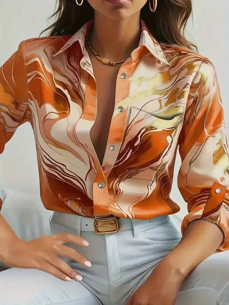 Women’s Printed Button-Up Shirt – Long Sleeve Loose Fit Korean Blouse-Shirt-Bennys Beauty World