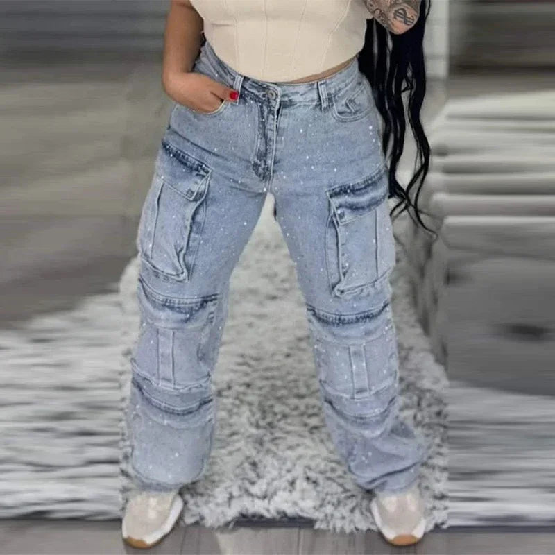 Rhinestones Jeans Women Multiple Pockets High Waist Pants